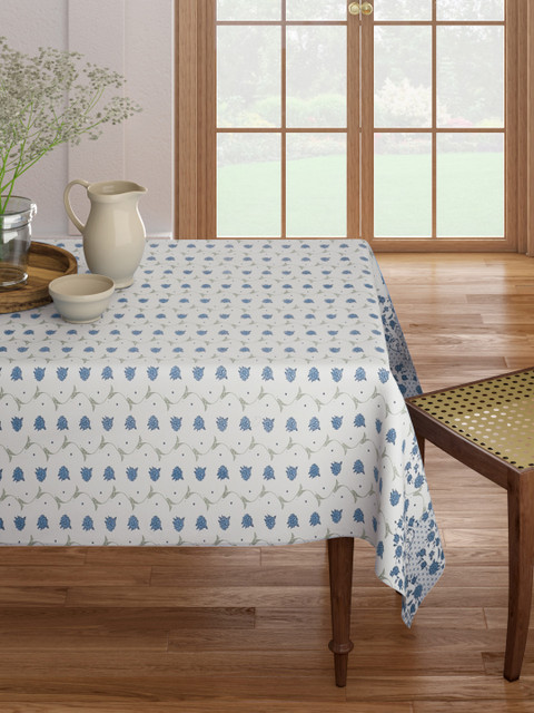 

House of Pataudi White & Blue Cotton Rozana Ethnic Motifs 6-Seater Rectangle Table Cover
