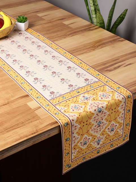 

House of Pataudi Mustard Yellow & Maroon Ethnic Motifs Print Cotton Table Runner