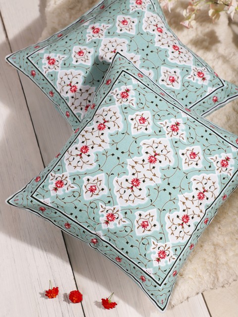 

House of Pataudi Blue & Olive Green Set of 2 Ethnic Print Cotton Square Cushion Covers