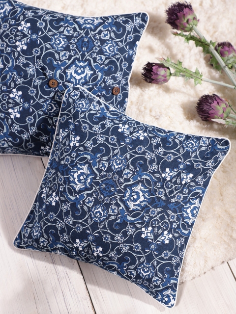 

House of Pataudi Navy Blue & White Set of 2 Cotton Ethnic Print Siyahi Cushion Covers
