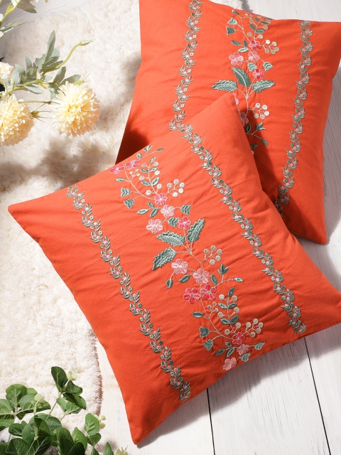 

House of Pataudi Set of 2 Orange & Green Floral Embroidered Square Cushion Covers