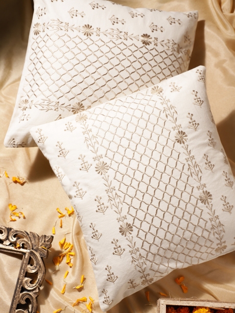 

House of Pataudi Set of 2 Cream-Coloured Chikankari Meher Square Cushion Covers
