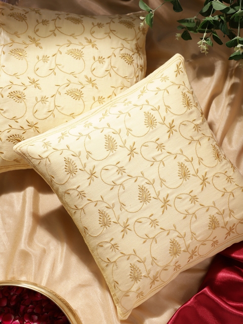 

House of Pataudi Set of 2 Cream-Coloured Cotton Flax Chikankari Square Cushion Covers