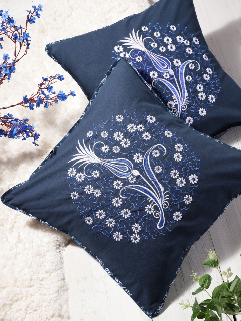 

House of Pataudi Set of 2 Navy Blue Cotton Ethnic Embroidered Square Cushion Covers