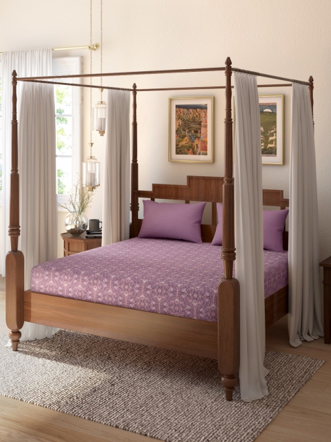 

House of Pataudi Purple & Pink 226 GSM Cotton Printed Queen Bedsheet & 2 Pillow Covers