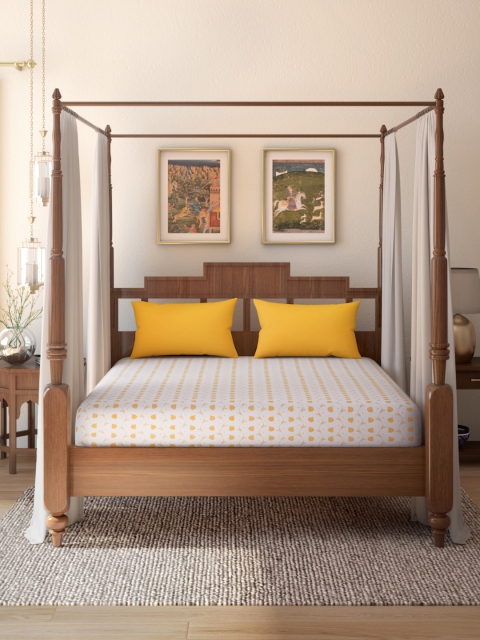 

House of Pataudi White & Yellow Cotton Floral Siyahi Rozana Bedsheet with 2 Pillow Covers