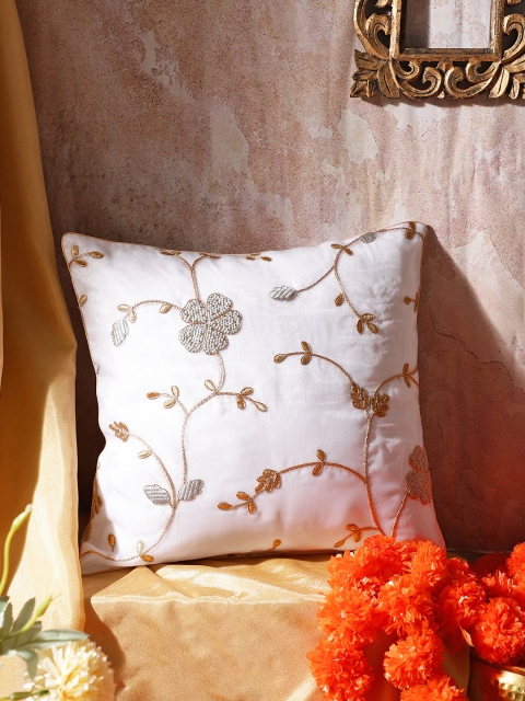 

House of Pataudi Off White & Golden Hand Embroidered Chikankari Square Meher Cushion Cover