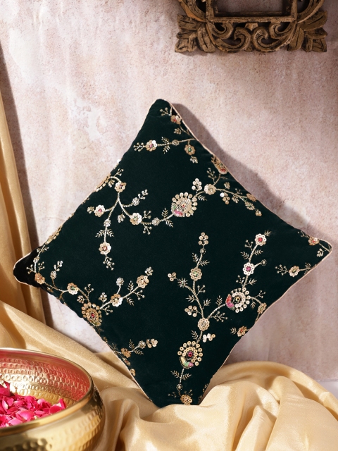 

House of Pataudi Green & Golden Ethnic Motifs Embroidered Sequinned Square Cushion Cover