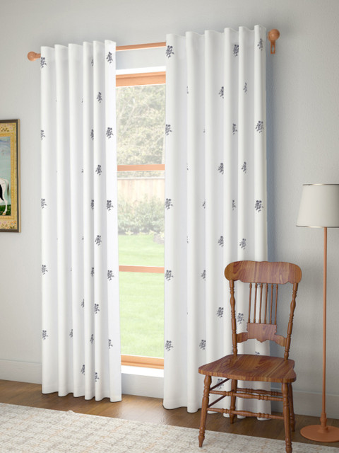 

House of Pataudi White & Navy Blue Floral Embroidered Pure Cotton Door Curtain