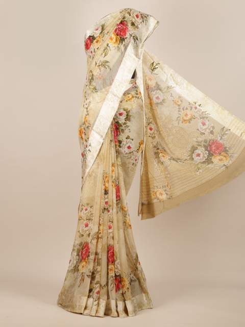 

Pothys Cream-Coloured Printed Poly Chiffon Saree