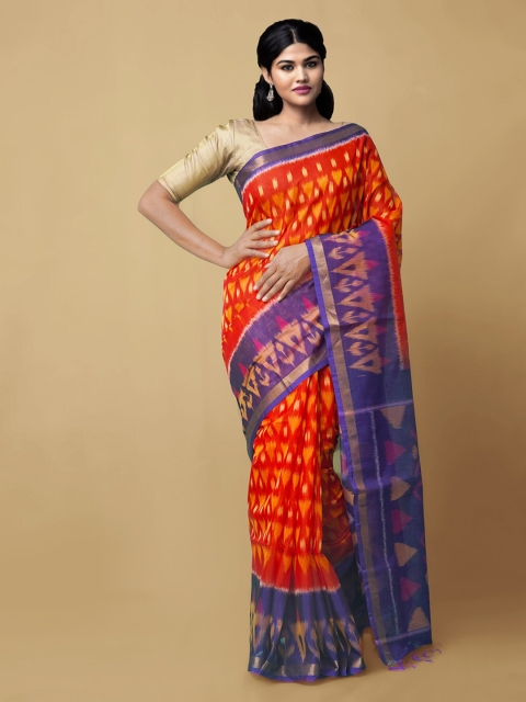 

Unnati Silks Red & Navy Blue Pure Cotton Printed Ikat Handloom Saree