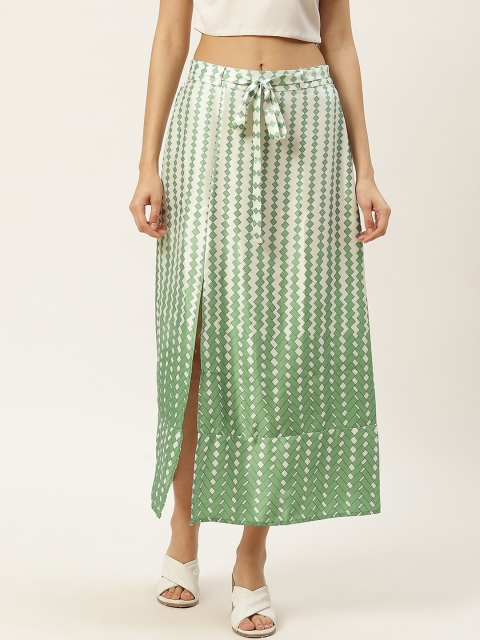 

DODO & MOA Women Green & Off-White Printed Satin Finish Front Slit A-Line Skirt