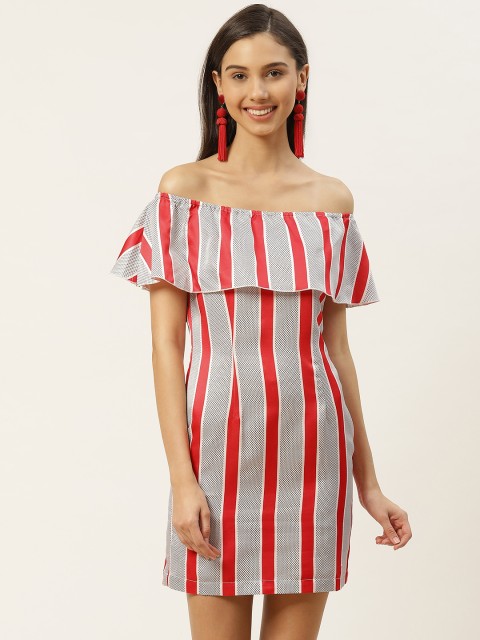 

DODO & MOA Women White & Red Striped Layered Off-Shoulder Sheath Dress