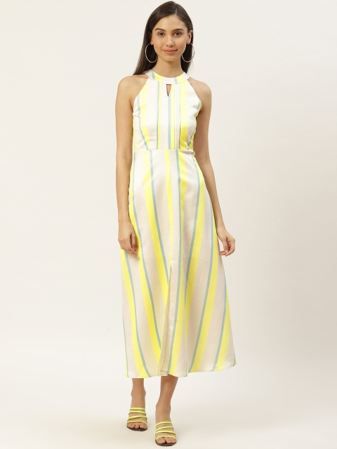 

DODO & MOA Women White & Yellow Striped Satin Maxi Dress