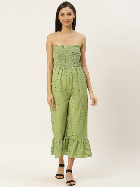 

DODO & MOA Women Green & Black Polka Dot Printed Smocked Culotte Jumpsuit