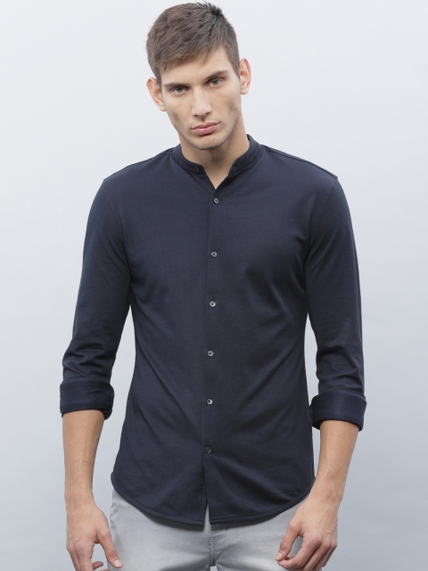 

ether Men Navy Blue Knitted Regular Fit Casual Shirt