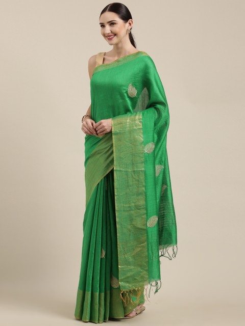 

Yespoho Green & Gold-Coloured Pure Silk Woven Design Saree