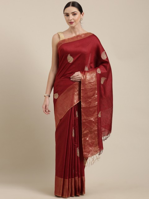 

Yespoho Maroon & Gold-Coloured Pure Silk Embroidered Saree