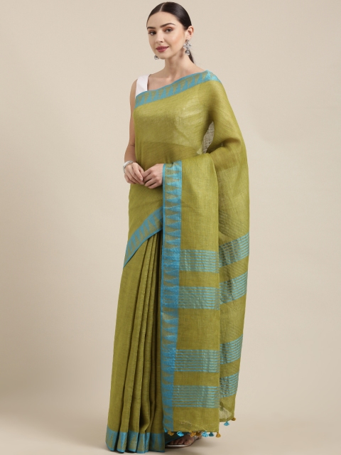 

Yespoho Olive Green Solid Pure Linen Saree