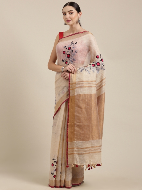 

Yespoho Cream-Coloured Printed Pure Linen Saree