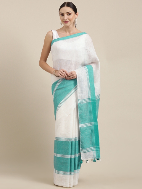 

Yespoho White & Blue Pure Linen Colourblocked Saree