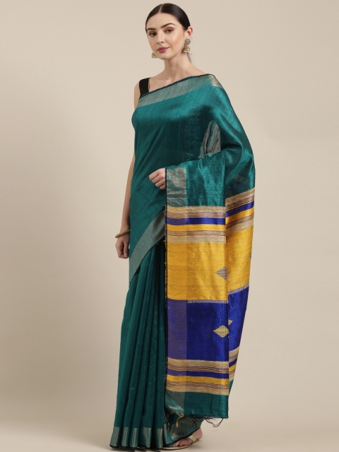 

Yespoho Teal Green Solid Pure Silk Saree