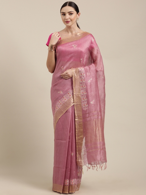 

Yespoho Pink Embroidered Pure Linen Saree