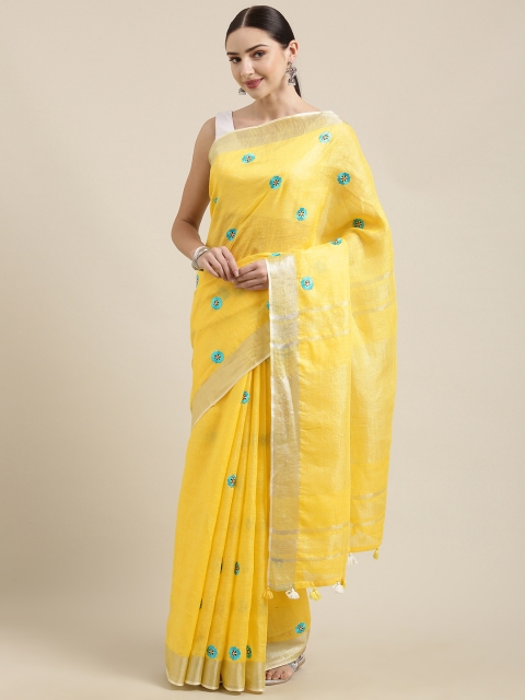 

Yespoho Yellow & Blue Pure Linen Embroidered Saree