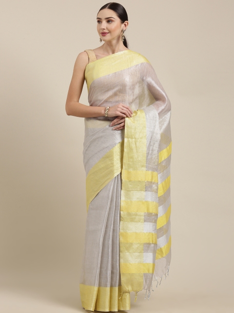 

Yespoho Silver-Toned & Yellow Tissue Striped Saree