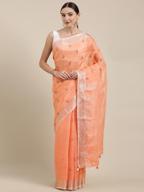 

Yespoho Peach-Coloured & Pink Pure Linen Embroidered Saree