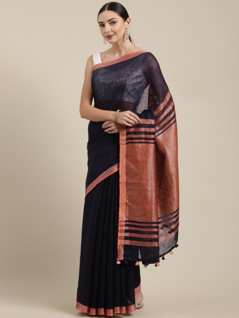 

Yespoho Navy Blue Solid Pure Linen Saree