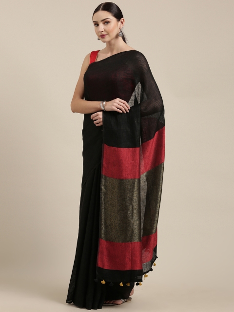 

Yespoho Black Solid Pure Linen Saree