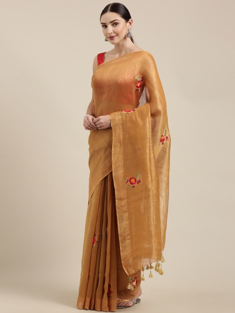 

Yespoho Gold-Toned & Red Pure Linen Embroidered Saree