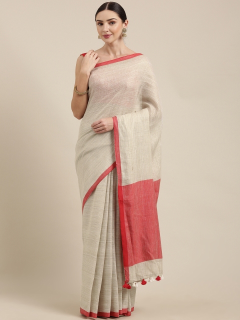 

Yespoho Cream-Coloured Solid Pure Silk Saree
