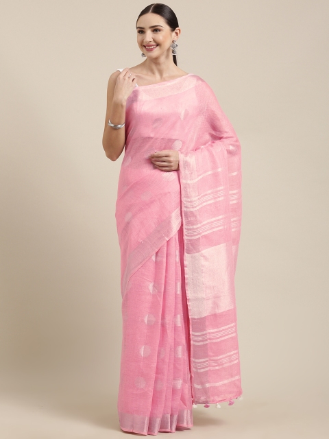 

Yespoho Pink & Silver-Toned Pure Linen Woven Design Saree