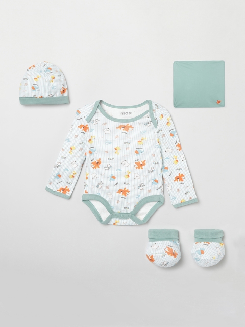 

max Boys White & Green 4-Pieces Printed Bodysuit Set