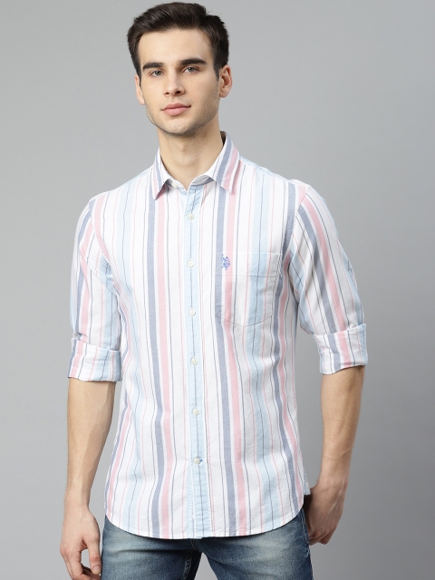 

U.S. Polo Assn. Men White & Pink Tailored Fit Pure Cotton Striped Casual Shirt