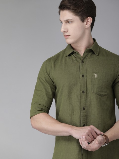 

U.S. Polo Assn. Men Olive Green Tailored Fit Solid Casual Shirt