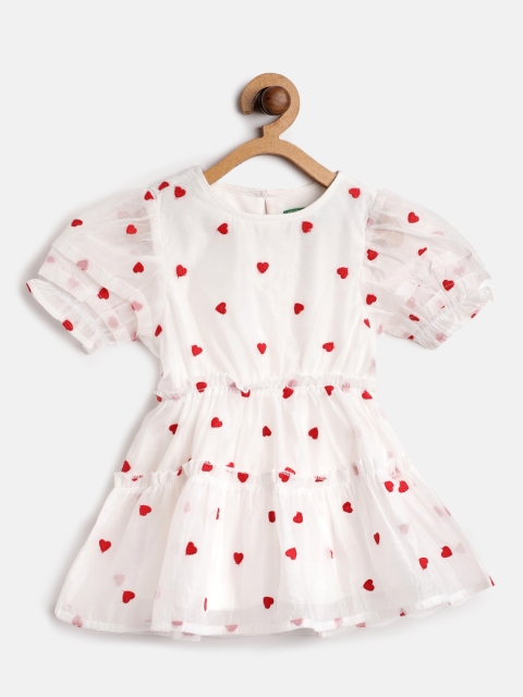 

United Colors of Benetton Girls White & Red Heart Embroidered Fit & Flare Dress
