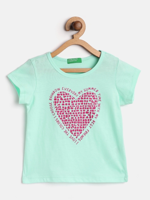 

United Colors of Benetton Girls Green & Pink Heart Print Round Neck T-shirt