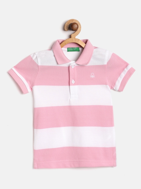 

United Colors of Benetton Boys Pink & White Pure Cotton Striped Polo Collar T-shirt