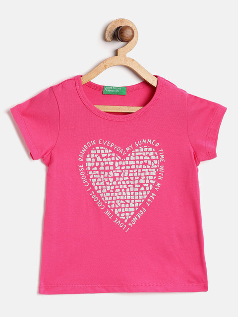 

United Colors of Benetton Girls Pink & Silver Heart Print Round Neck Cotton T-shirt