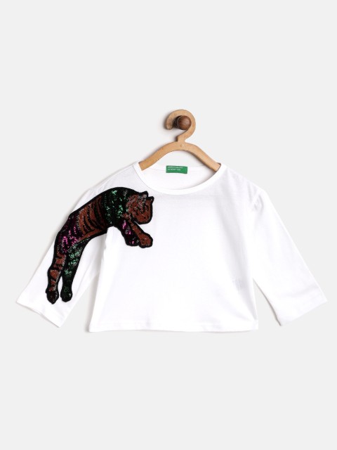 United Colors of Benetton Girls White & Purple Solid Cotton Pure Cotton T-shirt with Tiger Applique