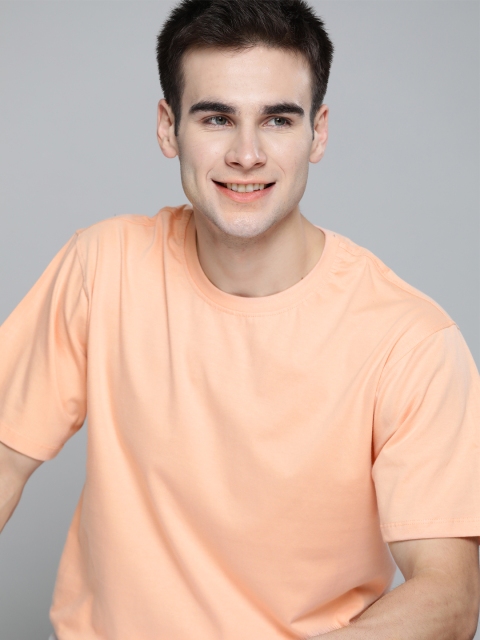 

M&H Easy Men Peach-Coloured Pure Cotton Solid Round Neck T-shirt