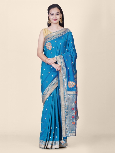 

Hastakala Blue & Gold-Toned Silk Blend Woven Design Banarasi Saree