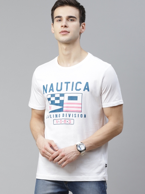 

Nautica Men White & Navy Blue Brand Logo Printed T-shirt