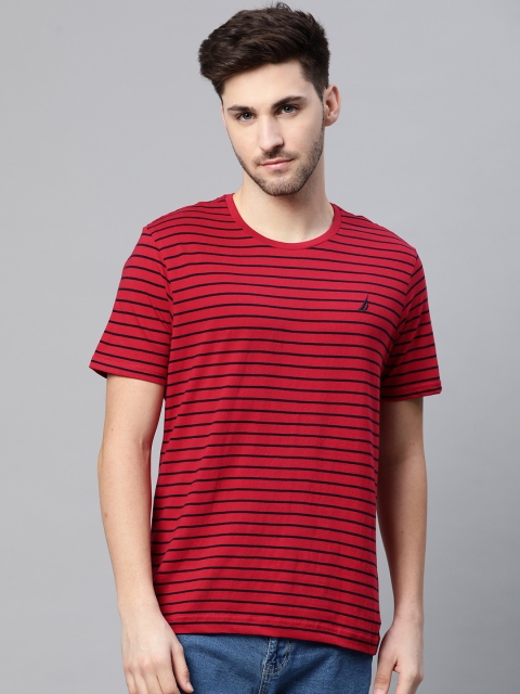 

Nautica Men Red Navy Blue Striped Pure Cotton T-shirt
