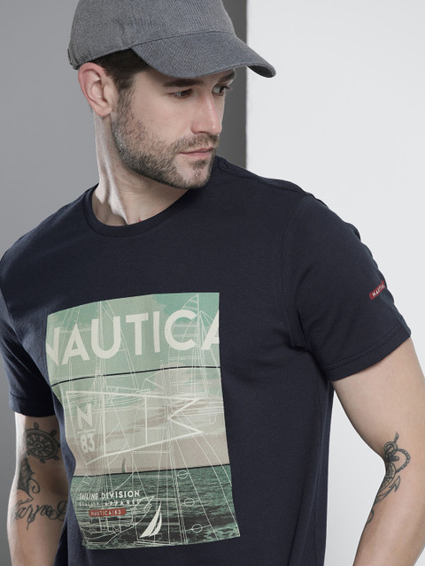 

Nautica Men Navy Blue Printed Pure Cotton T-shirt