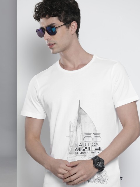 

Nautica Men White Brand Logo Printed Pure Cotton T-shirt