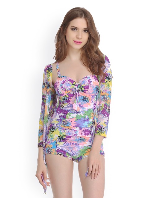 

Clovia Multicoloured Floral Print Monikini Swimsuit with Shrug SM0035P12L, Multi